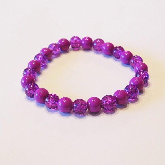 Handmade Purple Glass Beaded Stretch Bracelet - 6.5" - Picture 1 of 2